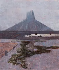 Glass House Mountains and Waterlily Pond (1992) by Lawrence Daws, 1992, oil on canvas, sold Sep 2020
