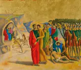 Justin O'Brien, The Kiss of Judas (1969), 1969, oil and gold leaf on paper on composition board