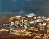 Kelly and Township 1964 by Sidney Nolan, 1964, synthetic polymer paint on composition board, sold Nov 2019