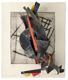 Oleg Kudryashov, Construction Plates 1720, 21, 21a (1988), 1720, drypoint etching, collage, watercolour and gouache on paper on board, edition 1 of 1