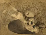 Arthur Boyd, Lovers Reflected in a Pool (1961), 1961, charcoal and varnish on paper on board