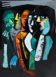 (Five Friends) (circa 1962) by Charles Blackman, 1962, oil and enamel paint on composition board, sold Aug 2019