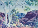 Ghost Gums, James Range by Albert Namatjira, watercolour on paper on composition board, sold Aug 2019