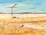 Arthur Boyd, Wimmera Landscape with Windmill, oil on composition board