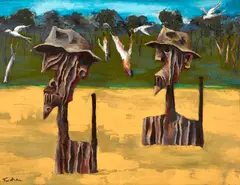 Albert Tucker, Explorers Fording River 1987, 1987, synthetic polymer paint on composition board