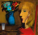 Face and Flowers by Charles Blackman, oil on paper on board, offered Apr 2019