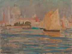 Grand Canal, Venice: Red Sails and the Salute (1906) by E. Phillips Fox, 1906, oil on canvas, sold Nov 2018