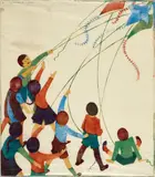 Ethel Spowers, Kites 1936, 1936, colour linocut on paper