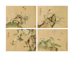 Chu Lien, Flowers and Insects, ink and colour on silk, set of four, mounted and framed