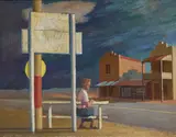 Jeffrey Smart, Bus Stop (1955), 1955, oil on canvasboard