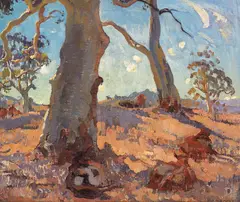 Horace Trenerry, (Gum Tree in Landscape, Woodside) (circa 1930), 1930, oil on canvas on compressed card