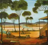 Cleaning the Course by Pro Hart, oil on canvas, sold Jul 2018