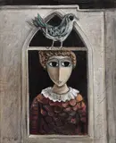 Yosl Bergner, Girl with Bird Above, oil on canvas