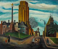 Alan Sumner, The 8 Hours Monument, Russell Street (circa 1947), 1947, oil on composition board