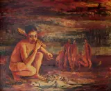 Donald Friend, Native Boy with Fish 1945, 1945, oil, pen and ink on composition board