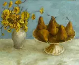 David Edgar Strachan, Still Life with Pears and Yellow Flowers, oil on canvas
