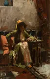 Eastern Interior with a Seated Girl 1886 by John William Waterhouse, R.a., R.i., 1886, oil on board, sold Apr 2018