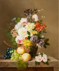 Arnoldus Bloemers, Summer Flowers in a Vase with Grapes and Peaches on a Marble Ledge, oil on canvas