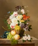 Arnoldus Bloemers, Summer Flowers in a Vase with Grapes and Peaches on a Marble Ledge, oil on canvas