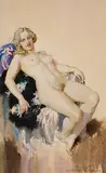 Nude on Purple Cloth by Norman Lindsay, watercolour on paper, sold Nov 2017