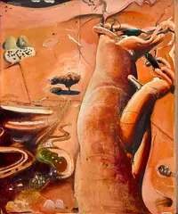 Brett Whiteley, The Drought Crow: Sloping Up on the Olgas 1 (Up Front and Outback) 1984-1985, 1984-1985, oil, tempera, nails and photographs on plywood