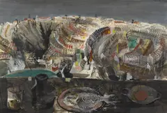 Donald Friend, Still Life with Paddington Landscape, watercolour, ink and gouache on paper
