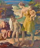 Arthur Murch, (Mother and Children on the Beach), oil on canvas on board