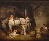 George Morland, White Horse and Stable Hands with Dog 1791