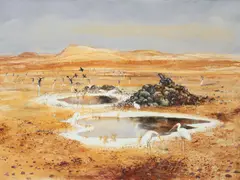 Arthur Boyd, Landscape with Waterhole and Herons, near Alice Springs 1954, 1954, oil, tempera and resin on composition board