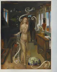 Jochen Plogsties, "24.11" (nach dem Gemälde "Der Liebeszauber" des Meisters vom Niederrhein, 1470-80), 2011, Öl auf Leinen