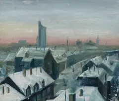 Ulf Puder, Winterliche Stadtlandschaft (MG I), 1982, Öl auf Hartfaserplatte