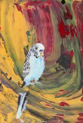 Wellensittich by Beza, 2010, Öl auf Holz, sold Oct 2019