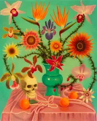 L. C. Armstrong, "Green vase with oranges and skull", 2005, Acryl, Zündschnur und Gießharz auf Holz