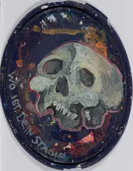Aaron Rahe, "Klischeedel", 2011, Acryl, Öl auf Plastikdeckel