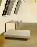 Johannes Rochhausen, "Innenraum mit Kiste und Sofa", 2005, Eitempera und Öl auf Leinwand