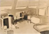 Johannes Rochhausen, "Raumstudie (verschlossene Fenster)", 2006, Kohle auf chamoisfarbenem Karton
