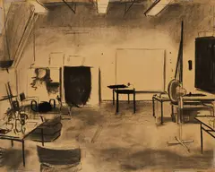 Johannes Rochhausen, "Raumstudie (Atelieransicht)", 2006, Kohle und Kreide auf braunem Karton