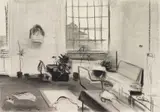 Johannes Rochhausen, "Raumstudie (Atelier Jochen Plogsties #2)", 2009, Kohle auf Papier