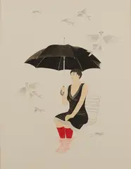 Nikola Röthemeyer, FrauenZimmer No. 39 (Regenschirm &amp; Flugfische), 2010, Farbstift und Grafit auf Papier