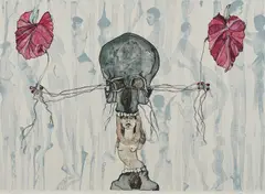 Cornelia Schleime, Komposition mit Totenschädel und weiblichen Akten, 2002, Farblithographie auf Arches