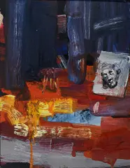 Sarah Schoderer, "70er Stuhl und Deus", Öl auf Pappe