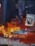 Sarah Schoderer, "70er Stuhl und Deus", Öl auf Pappe