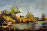 Uta Schotten, Niederländische Landschaft, 2008, Öl auf Holz