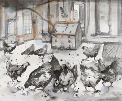 Slava Seidel, "Bodenhaltung", 2007, Sepiatusche auf Leinwand