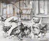 Slava Seidel, "Bodenhaltung", 2007, Sepiatusche auf Leinwand