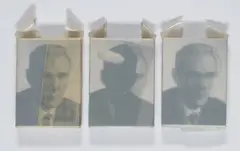 Stefan Stößel, "Narr I - III" (3-teiliges Konvolut), 1996, Collage und Plastikfolie auf Holz