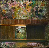 Ina Bierstedt, Kulisse, 2009, Öl und Acryl auf Holz (objet trouvé, wohl ein Stück Möbel)