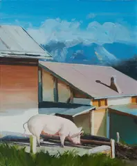 Irene Bisang, Ohne Titel (Schwein), 2007, Öl auf Hartfaserplatte