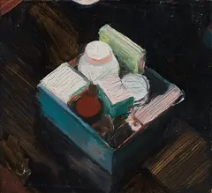 Irene Bisang, "Stilleben mit Medikamenten", 2003, Öl auf Pressspan