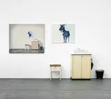 "Die Ziege im Atelier" by Dieter Walter Friederike und Mammel, 2007, Hocker, Farbschrank, Tablett, Platzset, Stövchen, Teekanne, Untertasse, Teetasse, Kehrschaufel, Besen, Fleischerhaken, E, sold Jun 2020
